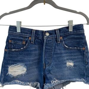 Blue Distressed Raw Hem Jean‎ Shorts with Frayed Hem Button fly